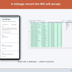The Mileage Log tab — date, purpose, start and end odometer, miles, and the deduction at the IRS standard rate, calculated per trip. A notary driving record built to be accepted.