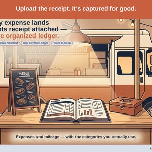 Closing slide, captioned receipt photos attached, one central ledger, yours to keep. Every food vendor expense lands with its receipt attached, in one ledger that stays in your own Drive.