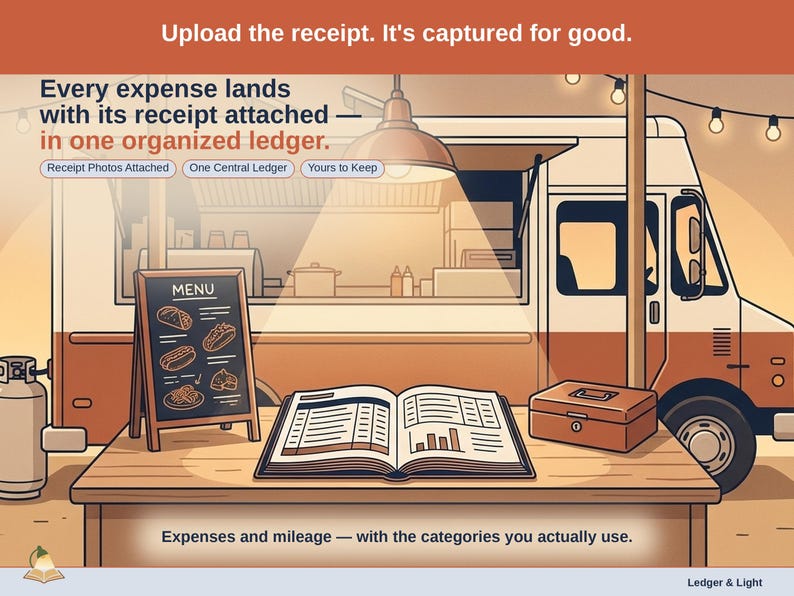 Closing slide, captioned receipt photos attached, one central ledger, yours to keep. Every food vendor expense lands with its receipt attached, in one ledger that stays in your own Drive.