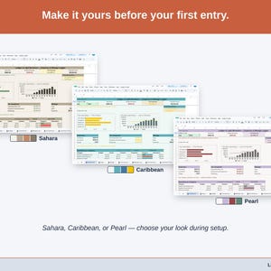 The same freelancer Expense & Mileage Ledger Dashboard shown three times in Sahara, Caribbean, or Pearl — the color choice made once, during setup.
