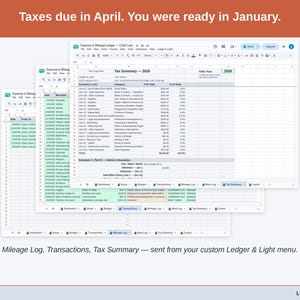 Two exported cards side by side — Tax Summary and Transactions — sent from the Expense & Mileage Ledger’s custom Ledger & Light menu. A child care year, ready to hand over.