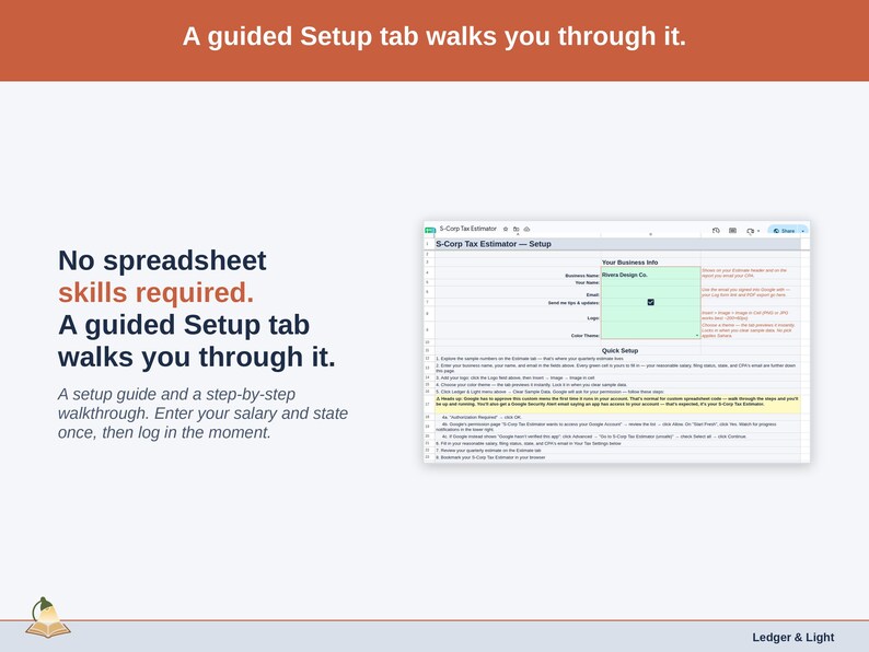 The S-Corp Tax Estimator’s Setup tab on a laptop. A setup guide and a step-by-step walkthrough. Enter your salary and state once, then log in the moment.