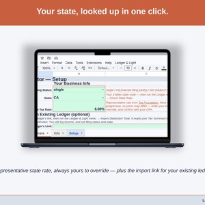 The Setup tab, where a representative state rate is looked up in one click and stays overridable, alongside the import link for an existing ledger.