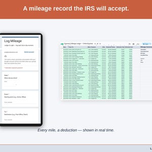 The Mileage Log tab — date, purpose, start and end odometer, miles, and the deduction at the IRS standard rate, calculated per trip. A online business driving record built to be accepted.