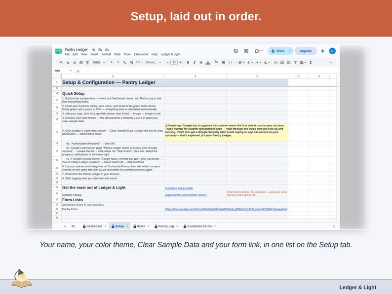 The Setup tab: your name, color theme, Clear Sample Data and the form link in one list.
