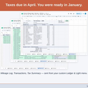 Two exported cards side by side — Tax Summary and Transactions — sent from the Expense & Mileage Ledger + Reporting’s custom Ledger & Light menu. A child care year, ready to hand over.