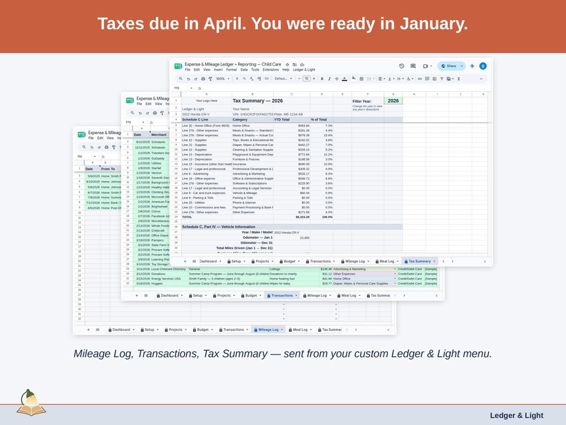 Two exported cards side by side — Tax Summary and Transactions — sent from the Expense & Mileage Ledger + Reporting’s custom Ledger & Light menu. A child care year, ready to hand over.