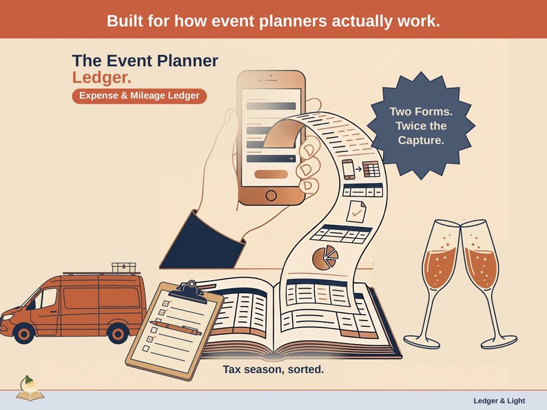 Title slide for the Event Planner Ledger — “Expense & Mileage Ledger” set over illustrated event planner objects on a desk. Expenses, mileage, and tax-ready reporting — with the categories you actually use.
