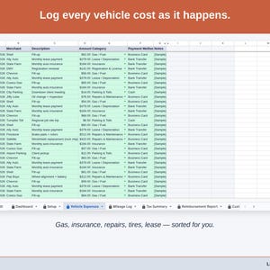 The Vehicle Expenses tab: gas, insurance, repairs, tires and lease payments, each logged as it happens and sorted for you.