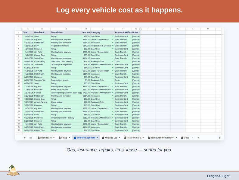 The Vehicle Expenses tab: gas, insurance, repairs, tires and lease payments, each logged as it happens and sorted for you.