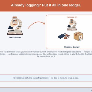 Two panels showing how the estimate sits alongside the wider Ledger & Light range, so income and expenses can live in one place.
