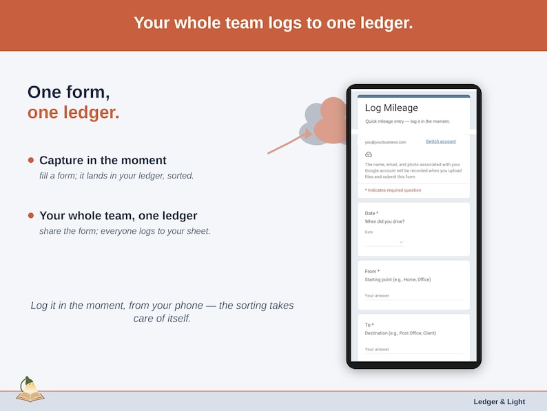 Phone and sheet together — however many people are logging, every online business entry reaches one Mileage Ledger. Log it in the moment, from your phone — the sorting takes care of itself.