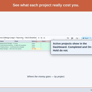 The Projects tab, costs grouped the way a bed & breakfast business actually divides its work. by season, package, or booking
