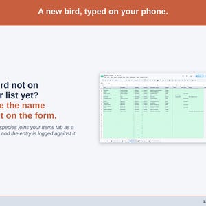 The Log Birds form on a phone with the new-bird question: a species that is not on your list yet is typed in and joins the Items tab as a Target.