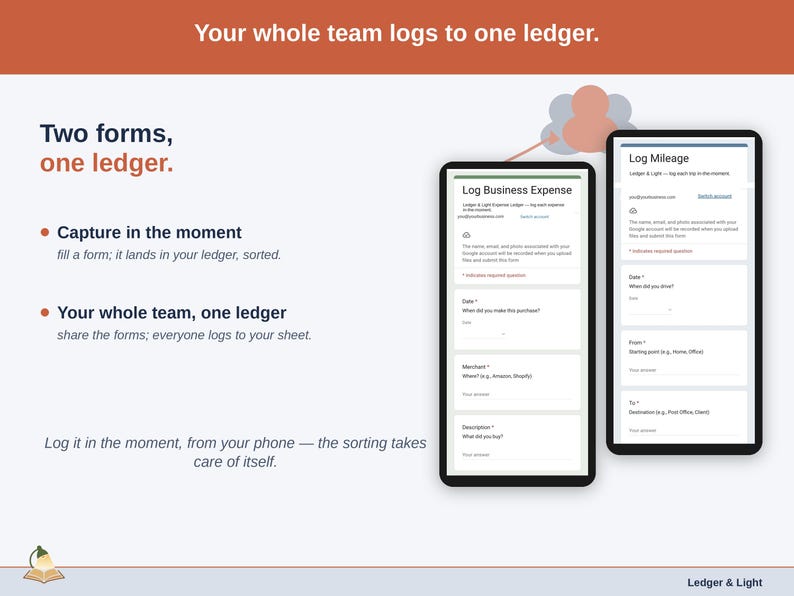 Phone and sheet together — however many people are logging, every maker entry reaches one Expense & Mileage Ledger + Reporting. Log it in the moment, from your phone — the sorting takes care of itself.