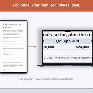 An entry submitted on the form landing in the sheet, the quarterly estimate already recalculated beneath it. Log an entry — your estimate updates automatically.