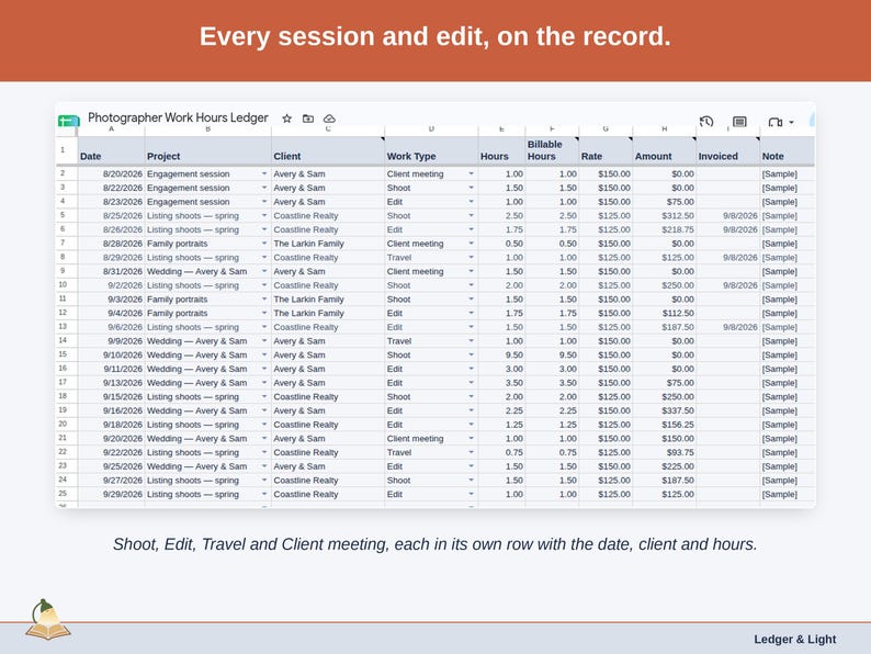 The Work Log tab: Shoot, Edit, Travel and Client meeting, each in its own row with the date, client and hours.