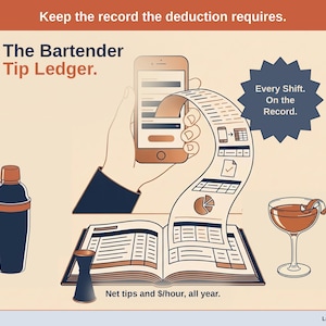 Title slide for the Tip Ledger for bartenders — illustrated bartender tools on a desk beside an open ledger, with a phone feeding it: Net tips and $/hour, all year.