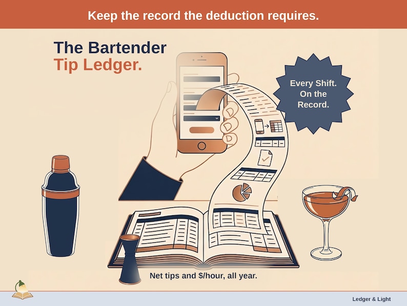 Title slide for the Tip Ledger for bartenders — illustrated bartender tools on a desk beside an open ledger, with a phone feeding it: Net tips and $/hour, all year.