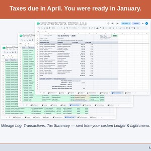 Two exported cards side by side — Tax Summary and Transactions — sent from the Expense & Mileage Ledger + Reporting’s custom Ledger & Light menu. A online business year, ready to hand over.