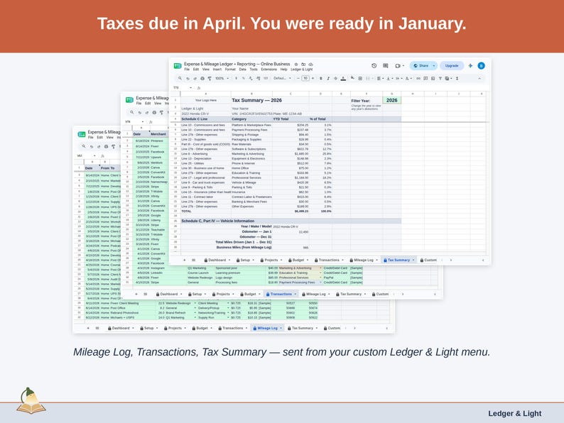 Two exported cards side by side — Tax Summary and Transactions — sent from the Expense & Mileage Ledger + Reporting’s custom Ledger & Light menu. A online business year, ready to hand over.
