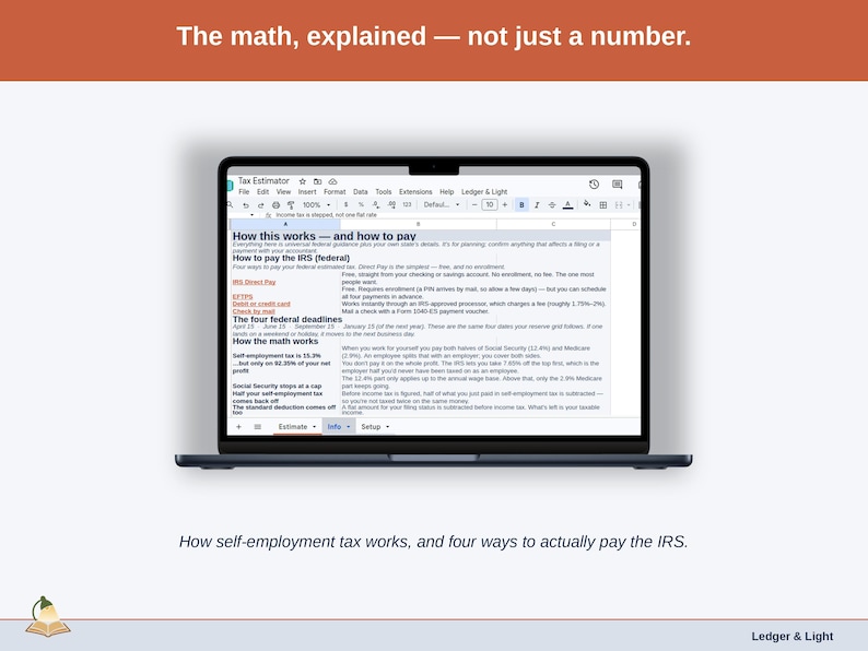 The Info tab, explaining how self-employment tax is worked out and setting out four ways to actually pay the IRS.