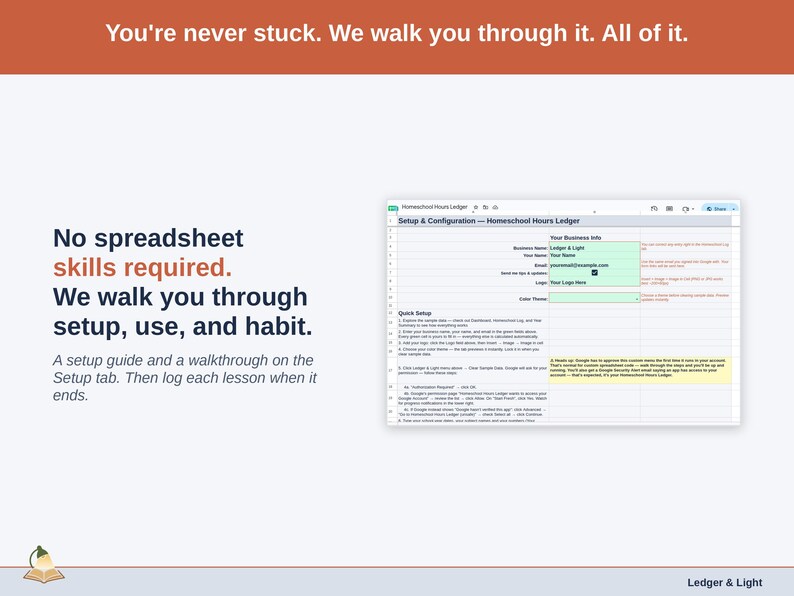 The Setup tab with its Setup Steps walkthrough — your info, theme pick and the Google authorization, then your school year.