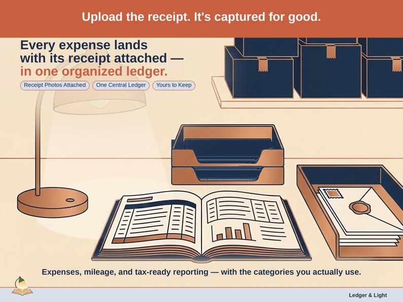 Closing slide, captioned receipt photos attached, one central ledger, yours to keep. Every online business expense lands with its receipt attached, in one ledger that stays in your own Drive.