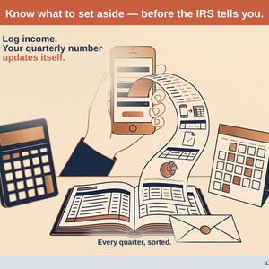 Puede incluir: Una ilustración que muestra un teléfono inteligente, una calculadora, un calendario y un libro contable abierto. El texto dice: Know what to set aside — before the IRS tells you. Log income. Your quarterly number updates itself. Every quarter, sorted. Ledger & Light.