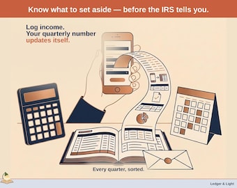 May include: An illustration featuring a smartphone, a calculator, a calendar, and an open ledger. Text reads: Know what to set aside — before the IRS tells you. Log income. Your quarterly number updates itself. Every quarter, sorted. Ledger & Light.