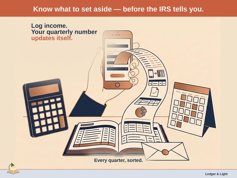 Title slide for the Tax Estimator — Log income. Your quarterly number updates itself, over illustrated desk objects.