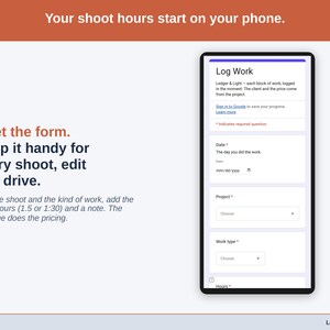 The Log Work form on a phone: date, project, work type, hours as 1.5 or 1:30, and a note.