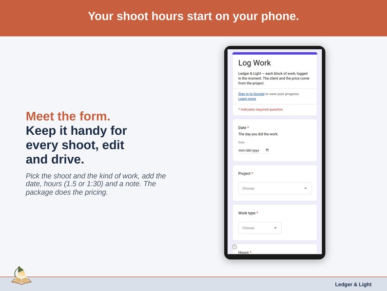 The Log Work form on a phone: date, project, work type, hours as 1.5 or 1:30, and a note.