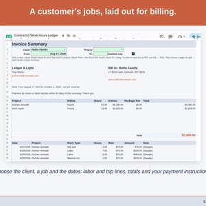 The Invoice Summary tab: Choose the client, a job and the dates: labor and trip lines, totals and your payment instructions.