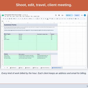 The Customize Forms tab: shoot, edit, travel and client meeting, each billed by the hour, and each client’s address and email for billing.