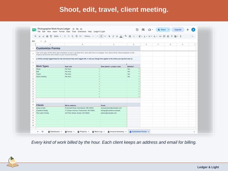 The Customize Forms tab: shoot, edit, travel and client meeting, each billed by the hour, and each client’s address and email for billing.