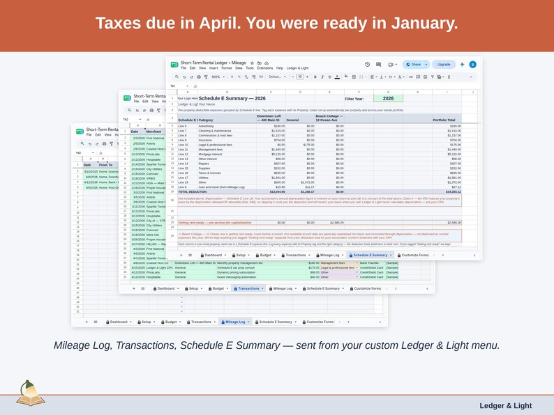 Two exported cards side by side — Tax Summary and Transactions — sent from the Expense & Mileage Ledger’s custom Ledger & Light menu. A short-term rental year, ready to hand over.