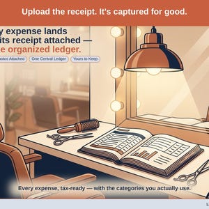 Closing slide, captioned receipt photos attached, one central ledger, yours to keep. Every salon professional expense lands with its receipt attached, in one ledger that stays in your own Drive.