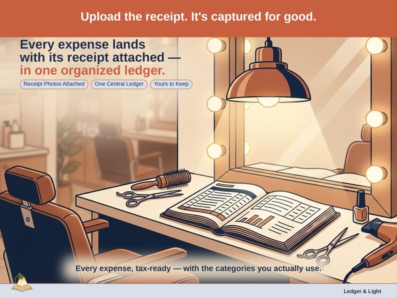 Closing slide, captioned receipt photos attached, one central ledger, yours to keep. Every salon professional expense lands with its receipt attached, in one ledger that stays in your own Drive.