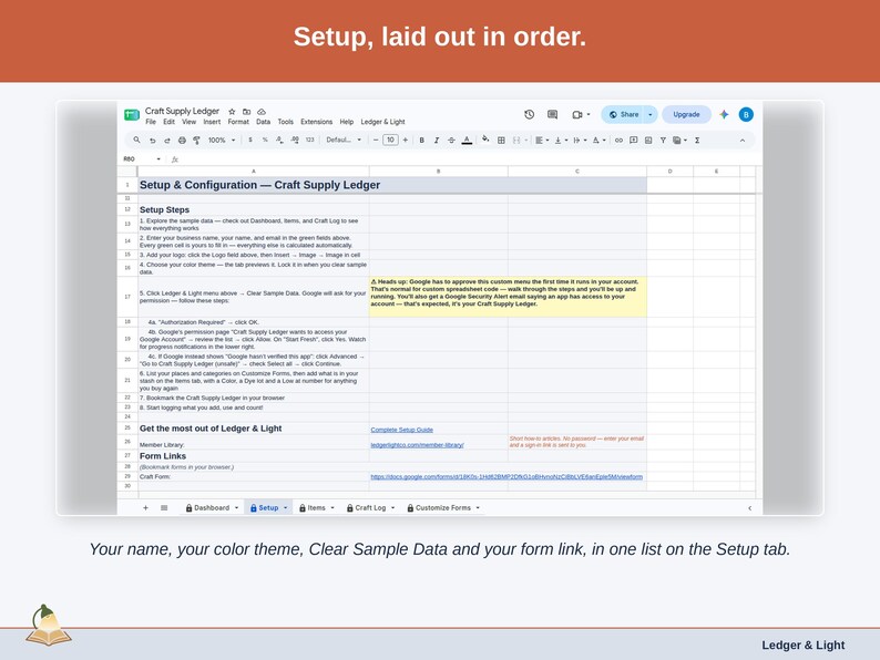 The Setup tab: your name, color theme, Clear Sample Data and the form link in one list.