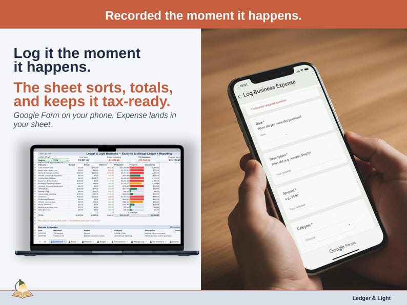 A laptop open to the Dashboard of a food vendor Expense & Mileage Ledger + Reporting in Google Sheets, with the headline “Log it the moment it happens. The sheet sorts, totals, and keeps it tax-ready”. Google Form on your phone. Expense lands in your sheet.
