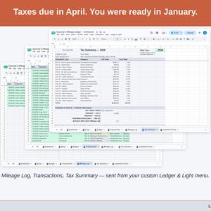 Two exported cards side by side — Tax Summary and Transactions — sent from the Expense & Mileage Ledger’s custom Ledger & Light menu. A contractor year, ready to hand over.