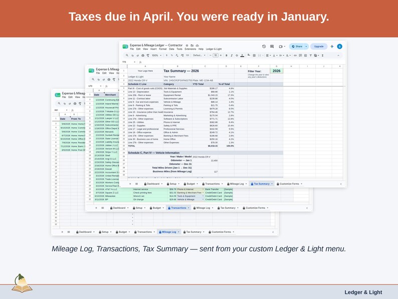 Two exported cards side by side — Tax Summary and Transactions — sent from the Expense & Mileage Ledger’s custom Ledger & Light menu. A contractor year, ready to hand over.