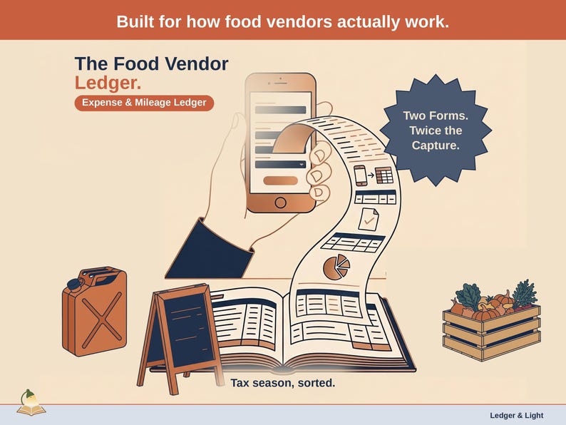 Title slide for the Food Vendor Ledger — “Expense & Mileage Ledger” set over illustrated food vendor objects on a desk. Expenses, mileage, and tax-ready reporting — with the categories you actually use.