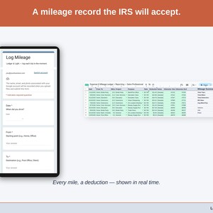 The Mileage Log tab — date, purpose, start and end odometer, miles, and the deduction at the IRS standard rate, calculated per trip. A salon professional driving record built to be accepted.