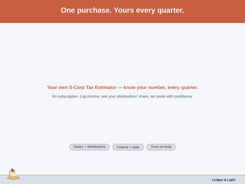 Closing slide, captioned salary + distributions, federal + state, yours to keep — one purchase, no subscription, and a quarterly number to set money aside against.
