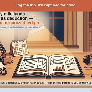 Closing slide, captioned every mile logged, one central ledger, yours to keep. Every freelancer expense lands with its receipt attached, in one ledger that stays in your own Drive.