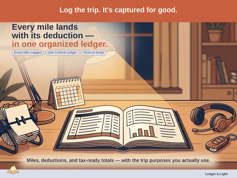Closing slide, captioned every mile logged, one central ledger, yours to keep. Every freelancer expense lands with its receipt attached, in one ledger that stays in your own Drive.