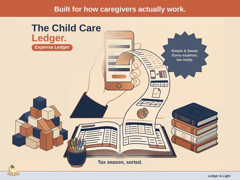 Title slide for the Child Care Ledger — “Expense Ledger” set over illustrated child care objects on a desk. Expenses, mileage, and tax-ready reporting — with the categories you actually use.