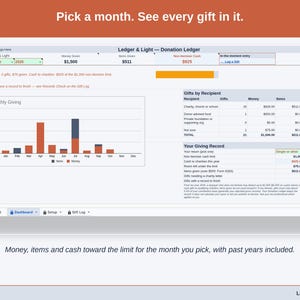 The Dashboard’s month and year pickers: choose a month and the money, items and cash toward the limit follow, with past years included.